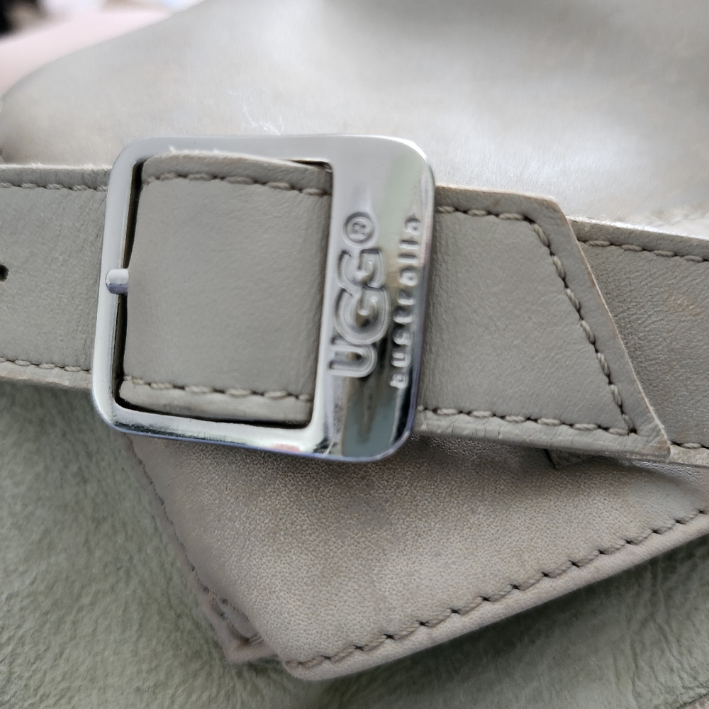UGG Light Green Suede Purse With Cream Trim Pleather(?) And Silver Hardware